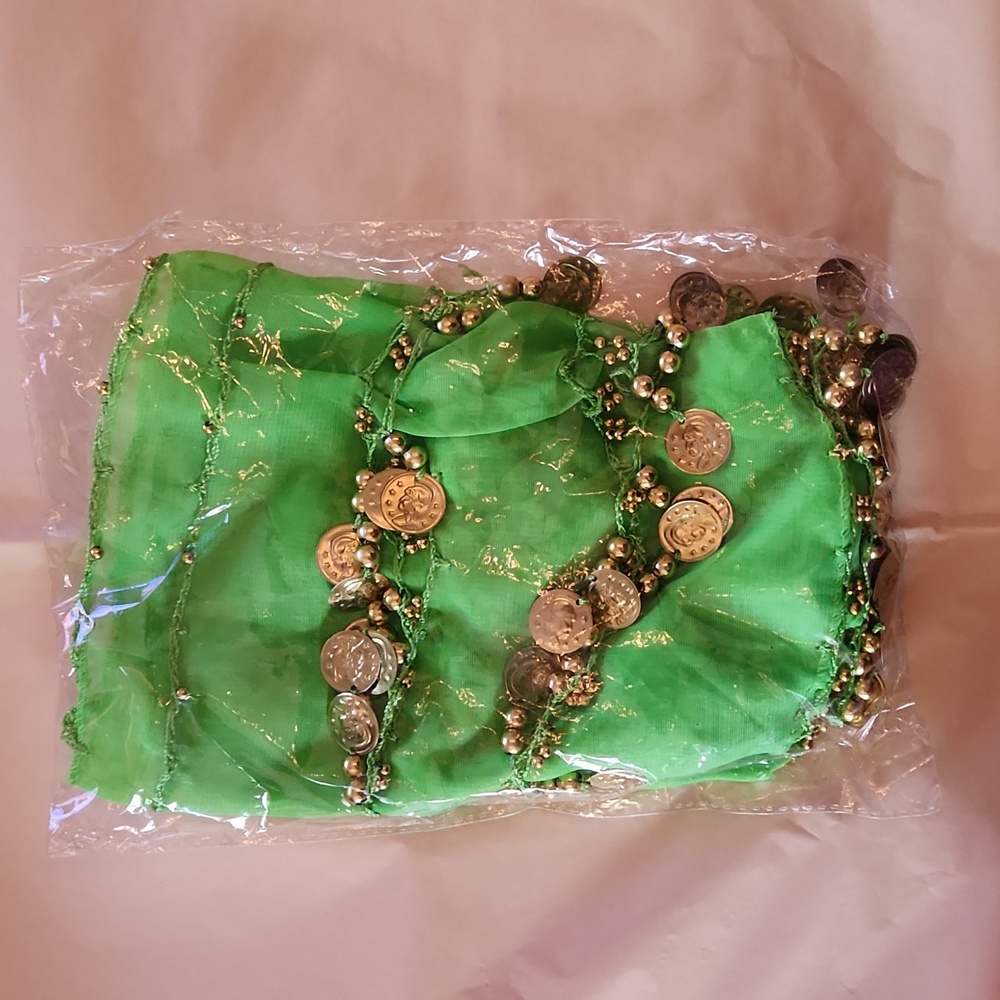 L. Green Belly Dancing Hip Skirt/Swim Sarong, Waist Scarf/Belt, Coins